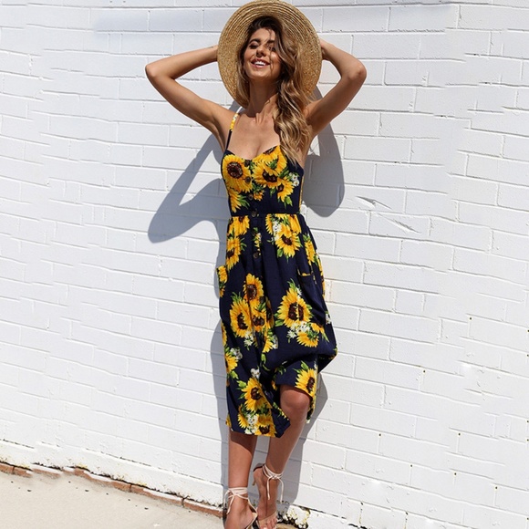 Sunflower Midi Dress w/ Buttons & Pockets - Navy - Picture 1 of 8